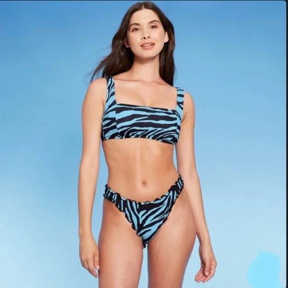 Bikini top and bottom Apron Front Bralette Shade & Shore Teal Animal Print 2pc L - Picture 1 of 8